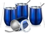 COMOOO Stainless Steel Wine Tumbler Glass Set of 4 with Lid and Straw 12oz Double Wall Vacuum Insulated Travel Tumbler Cup Stemless for Coffee Wine Cocktails Ice Cream Cup (Royal blue, 4) - Image 2