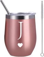 Calltoge Personalized Initial Gifts 12 Ounces Stainless Steel Wine Tumbler with Straw Brush Rose Gold Insulted Mug Wedding Bridesmaid Birthday Graduation Gift for Men Women Monogrammed Gift (J) - Image 2