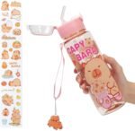 Capybara Water Bottle Kawaii Water Bottle with Straw and Sticker, Portable Leakproof BPA-Free Drinking Bottle for Girls Boys Outdoor Sports, 24 oz (Pink Transparent) - Image 2
