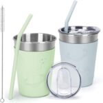 Carperipher 2 Pack Kids Cups with Rainbow Silicone Sleeves, 12oz 304 Stainless Steel Kids Cups with Lids and Straws, Travel Tumbler, Spill Proof Toddler Cup for Cold/Hot Drinks (Green,Blue) - Image 2