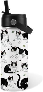 Cat Gifts for Kids - 16oz Black Cat Water Bottle with Straw Lid, Stainless Steel Insulated Bottle, Leak Proof, BPA-Free, for Boys, Girls, School - Black and White Cat Gifts Cats Lovers Gift Cup(1pc) - Image 2