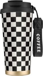 Checkered Insulated Coffee Tumbler with Lid Black and White Stainless Steel Travel Coffee Mug Grid Vacuum Insulated Reusable Cup Water Bottle - Image 2