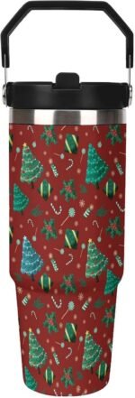 Christmas Trees Tumbler with Handle Flip Straw Red 30oz Insulated Stainless Steel Cup Cute Travel Coffee Mug Water Bottle for Women - Image 2