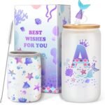 Clexela Birthday Gifts for 4 5 6 7 8 9 10 11 12 Year Old Girls Monogrammed Initial Glass Cups,16oz Glass Cups with lid and straw, Personlized Valentine Mermaid Gifts for Kids Girls Purple A - Image 2