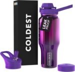 Coldest Sports Water Bottle - 3 in 1 Lids (Chug, Straw, Handle) - Insulated Stainless Steel Tumbler with Handle - Vacuum Water Flask Cup, Valentines Gifts for Him Her (36 oz, Purple Nova) - Image 2