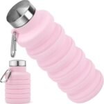 Collapsible Water Bottle, 16oz Portable Reusable Silicone Water Bottle, BPA-Free Leak-Proof Foldable Design with Carabiner, Lightweight Durable for Gym, Travel, Camping, Hiking, Sports, Light Pink - Image 2