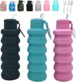 Collapsible water bottles 3 Pack with brush,BPA Free Travel Silicone Water Bottle with Carabiner,Reusable Foldable Portable Lightweight Sports bottles for Gym Camping Hiking (Black+Pink+Blue) - Image 2