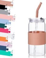 ColoVie Glass Tumbler with 3 IN 1 Lids and Glass Straws(Extra Silicone Tips), Silicone Protective Sleeve, Iced Coffee Cup, Travel Water Bottle, Soda Beer Can Cups, Hot Tea-Amber 20oz 1pc - Image 2