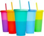 Color Changing Cups, 5 Pack 24oz Plastic Tumblers, Reusable Iced Coffee & Smoothie Cups with Lids and Straws for Parties and Travel - Image 2