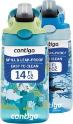 Contigo Aubrey Kids Water Bottle, 2-Pack, 14oz, Dinos & Sharks, Spill-Proof Lid, Dishwasher Safe, Blue & Green - Image 2