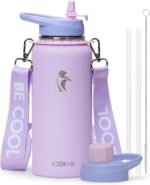 Coolflask Water Bottle with Straw, 32 oz Insulated Metal Water Flask with Straw & Spout Lids, Stainless Steel Double Wall Vacuum, Keep Cold 48h Hot 24h, Leak Proof & Non-BPA, Lavender - Image 2