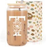 Coolife Initial Glass Cup, Monogrammed Gifts for Women, 16 oz Glass Cups w/Lids Straws, Iced Coffee Smoothie Beer Tumbler w/Straw Lid, Personalized Valentines, Birthday Gifts for Her Mom Friend Woman - Image 2