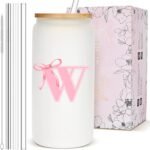 Coquette Cute Glass Cups with Lids and Straws, Pink Bow Aesthetic Iced Coffee Cup, Personalized Customized Monogrammed Bridesmaid Birthday Gifts for Women, Custom Initial Drinking Mug Tumbler, W - Image 2