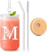 Custom Cups for Women – 16oz Monogrammed Glass Tumbler with Lid & Straw–Personalized Cups with Names, Personalized Birthday Gift for Her, Coworker, or Back to School Surprise-M - Image 2