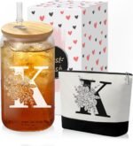 Custom Glass Cup & Makeup Bag Set - Personalized Gifts for Women, Initial 16 oz Glass Tumbler with Lid & Straw, Monogram Makeup Bag - Birthday Gifts For Women, Mother's Day Presents(K) - Image 2