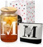 Custom Glass Cup & Makeup Bag Set - Personalized Gifts for Women, Initial 16 oz Glass Tumbler with Lid & Straw, Monogram Makeup Bag - Birthday Gifts For Women, Mother's Day Presents(M) - Image 2