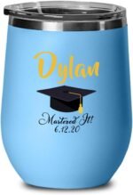 Custom Graduation 2021 - Graduation Cap Blue Wine Tumbler 12oz as Party Supplies, Graduation Decorations, School College - Image 2