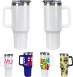 Customized 40OZ Portable Cup with Handle for Home Office Car, Leak Resistant Outdoor Indoor Water Bottle Customization, Custom Travel Bottles with Straw Lip and Soft Straw Brush, BlankWhite - Image 2