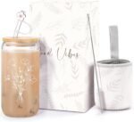 Cute Glass Cups with Lids and Straws, 16oz Aesthetic Iced Coffee Cup, Flower Mugs, Birthday Gifts for Women Girl Friend Sister Her Coffee Lover Bridesmaid Stuff Christmas, Personalized Tumblers - Image 2