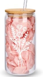 Cute Glass Cups with Lids and Straws, Aesthetic Iced Coffee Cup, Flower Mugs, Personalized Tumbler with Straw, Birthday Gifts for Women Friend Sister Her Coffee Lover Bridesmaid Stuff Christmas - Image 2