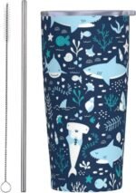 Cute Sharks Underwater Tumbler Cup with Lid and Straw, 20 oz Stainless Steel Insulated Travel Mug, Hot and Cold Water Bottle, Water Plants Souvenir for Men Women - Image 2