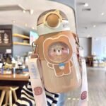 Cute Stainless Steel Water Bottle with Straw and Strap, Kawaii Insulated Bear Water Bottles Leak-Proof Stainless Steel Vacuum BPA Free Reusable Cup for Sports Girls (Brown) - Image 2
