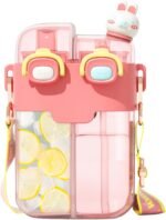 Cute Water Bottle for Kids: 26oz Kawaii Water Bottle for Girls, Funny Bear Water Bottles with Straw and Strap, Dual Compartments Leak-proof Plastic Drinking Cup for School Sport Travel (Pink) - Image 2