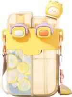 Cute Water Bottle for Kids: 26oz Kawaii Water Bottle for Girls, Funny Bear Water Bottles with Straw and Strap, Dual Compartments Leak-proof Plastic Drinking Cup for School Sport Travel (Yellow) - Image 2