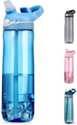 DEARART 24oz Water Bottles With Straw, 100% Leakproof BPA FREE Flip Up Lid Clear Bottle With Handle, Easy Carried Suit Office Sports Travel Gym Yoga, Light Blue - Image 2