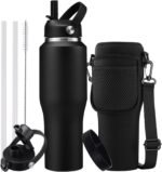 DIGJUPER 32oz Stainless Steel Water Bottle, Cold-48H & Hot-24H, Water Flask Thermal with Straw & Spout Lids, Pouch, Vacuum Insulated Bottle for Father's Day Gift Black - Image 2