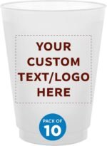 DISCOUNT PROMOS Custom Frosted Plastic Stadium Cups, 10 pack, Promotional Text, Logo, 16 oz. Shatterproof Flexible Reusable Party Cups, Natural - Image 2