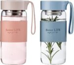DNIENKGE Glass Tea Bottle 16 oz Drinking Bottle with Non-Slip Holster, and Stainless Tea leak, Leak Proof Lid, Portable Glass Water Bottle for School, Office, Car, Home, as a gift, etc (Blue+Pink) - Image 2