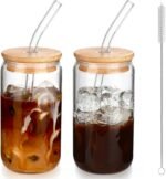 DWTS DANWEITESI Iced Coffee Cups with Lids 2 pcs,16 oz Glass Cups with Lids and Straws as Coffee Bar Accessories,Beer Drinking Glasses,Reusable Glass Tumbler,Cute Coffee Cups for Coffee, Juice, Gifts - Image 2
