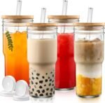 DWTS DANWEITESI Mason Jar with Lid and Straw,24 oz Iced Coffee Cup with Bamboo Lid and Straw,Boba Cups Smoothie Tumbler-Wide Mouth Reusable Glass Cups with Lid and Straws【4 Pack】 - Image 2