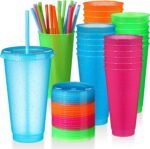 Dandat 24 Pcsc Halloween Plastic Cups with Lids and Straws Bulk, 24 oz Large Reusable Tumbler with Lids for Kids and Adults Party Favor, Glitter Water Bottle Travel Mug for Birthday(Neon) - Image 2