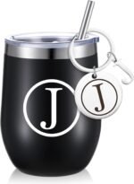 Dandat Personalized Wine Tumbler Cup with Keychain 12oz Black Stainless Steel Travel Mug with Lid Straw Valentine Day Gifts for Employee Teacher Coworker Nurse Volunteer Appreciation Gifts(J Style) - Image 2
