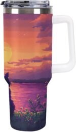 Digital Cat Enjoy The Sunset Tumbler with Lid and Straw 40 Oz Insulated Leak-Proof Water Bottle Travel Mug with Handle - Image 2