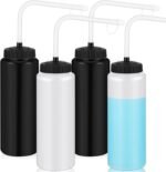 Domensi 4 Pack 1 Liter Hockey Sports Water Bottle with Long Straw BPA Free Easy Squeeze Plastic Bottle for Helmet Sport Football Lacrosse Baseball Gym Yoga(Black/translucent,Classic) - Image 2