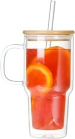 Double Wall Glass Tumbler with Handle and Straw Lid, 20oz Insulated Travel Mug Cup for Hot and Cold Drinks, Clear Glass Drinking Tumbler Cupholder Friendly - Image 2
