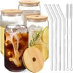 Drinking Glasses with Bamboo Lids and Glass Straw 4pcs Set - 16oz Glass Cups, Iced Coffee Glasses, Cute iced Tea Glasses, Beer Glasses, Ideal for Coffee Bar Accessories, Aesthetic Gift - 2 Brushes - Image 2