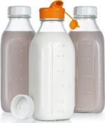 Dwbligt 32 oz Empty Glass Milk Bottles with Silicone Dispenser Cap, Clear Water Bottles with Leak Proof Lid and Scale Mark, Reusable Glass Jars for Juice, Milk, Iced Tea, Set of 3 - Image 2