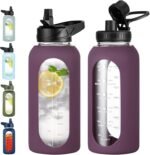 EALGRO 32 oz Glass Water Bottle with Straw and Handle, Sports Motivational Water Flask with Silicone Sleeve, Large Leakproof Water Flask Cup with Time Marker for Travel, Gym, Dark Purple - Image 2