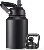 EALGRO Half Gallon Insulated Water Bottle Jug with Straw, 64 oz Large Stainless Steel Sports Metal Water Flask with Handle, Thermal Water Cup Mug with 2 Lids, Black - Image 2