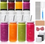 Encheng 12 Pack 16oz Glass Juice Bottles,Reusable Juicing Bottles with Lids and Straws,Embossed Juice Containers Kombucha Bottle Smoothies Jars for Water, Iced Coffee,Party,Travel - Image 2