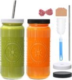 Encheng Glass Juice Bottles 16 oz,Reusable Juicing Bottles with Lids and Straws,Vintage Juice Containers Glass Smoothies Jars for Kombucha,Water, Iced Coffee,Party,Travel,2 Pack - Image 2