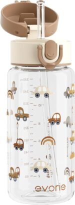 Evorie Tritan Kids Water Bottle with Straw, 13oz BPA-Free Leak Proof Drinking Bottle for School & Travel, Lightweight Clear Water Bottle with Carry Strap, Dishwasher Safe, for Kids Ages 3+, Choco Car - Image 2