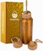 FAHRMOSIS 32 Oz Water Bottle with Straw Stainless Steel Sports Water Bottle with 3 Lids (Straw, Chug & Flip Lid) 1 Liter Leak Proof Insulated Metal Jug for Men & Women - Gold Leopard - Image 2