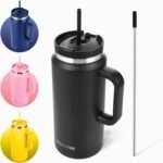 FAHRMOSIS 64 Oz Tumbler with Handle and Straw Half Gallon Water Bottle Stainless Steel Travel Mug for Hot & Cold Drinks, Reusable Water Bottle with Lids and Straw - Black - Image 2