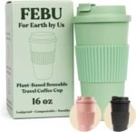 FEBU Plant-Based Reusable Coffee Cup With Lid and Sleeve | 16oz, Sage Green | Portable Travel Mug made from Bamboo | Dishwasher Safe, Zero Waste, Plastic Free With Leak-Proof Screw-on Lid - Image 2