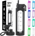 FIT Strong & Healthy 32 oz Glass Water Bottle with Straw Lid - Wide Mouth Borosilicate Glass Water Bottles with Time Marker, Silicone Sleeve & Extra Lid - 1L Large Motivational Drinking Bottle - Image 2